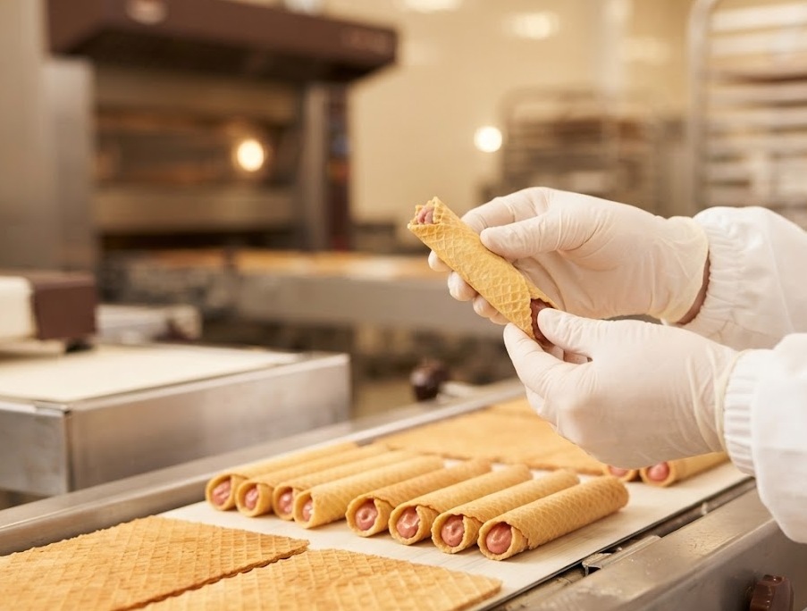 Gloved hands inspecting a cream-filled wafer roll on the production line