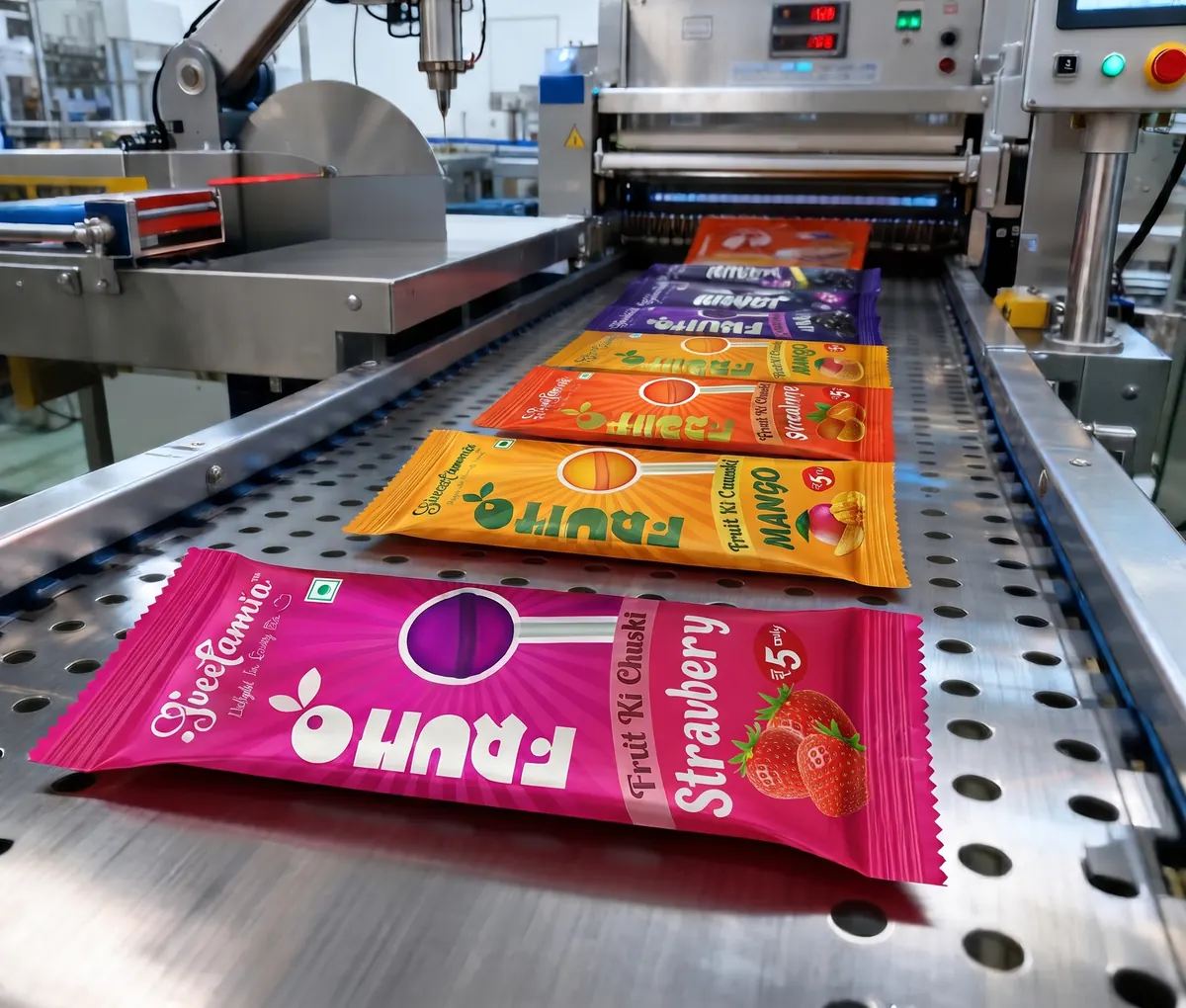 Sweetannia Fruito Fruit Ki Chuski pouches moving along an automated packing line
