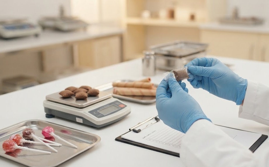 Gloved inspector checking a wrapped sweet beside weighed chocolate bites, wafer rolls and lollipops